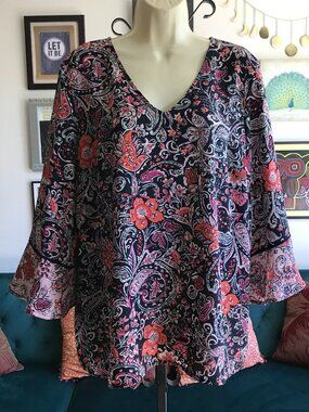 J JILL size L Tall Black & Pink Paisley Print 3/4 Sleeve Popover Blouse Top